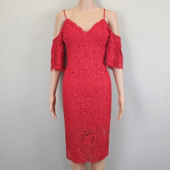 Bardot Karlie red cold shoulder lace mini dress - Picture 3 of 11